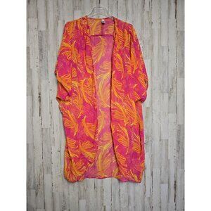 It's 2X Palm Print Tropical Kimono Sheer Beach Cruise Coverup Orange Pink